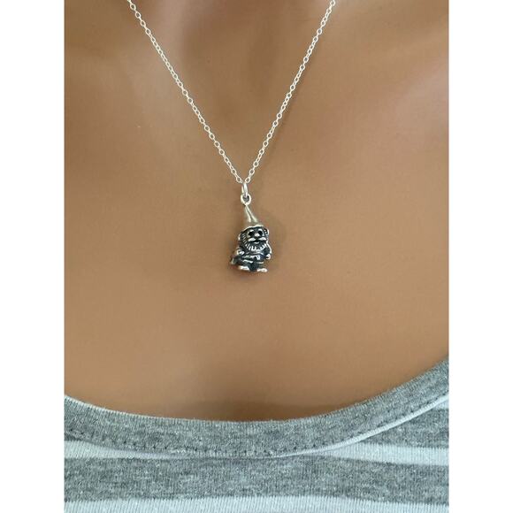 Sterling Silver Oxidized Garden Gnome Charm Necklace - Picture 1 of 5